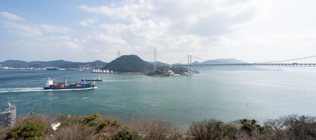 海峡を行き交う船を眺める